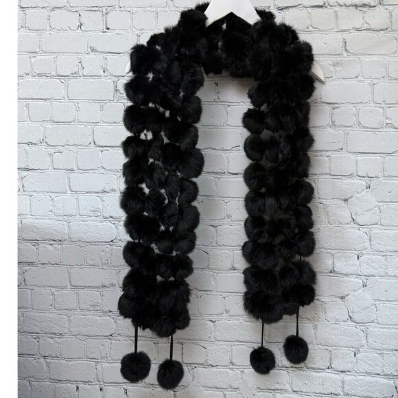 Fur Pompom Scarf Black 6x64" Evening Accessory Party Prom - Picture 5 of 6